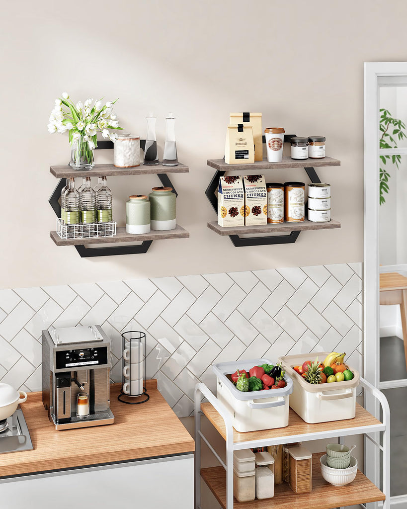 Hexagon Floating Shelves for Wall, Set of 2, 2 -Tier Hanging Shelves, Wall Mounted Storage Shelves, Study, Greige