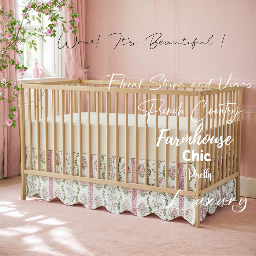 Scallop Edge Crib Skirt Organic Cotton Toddler Bedskirt Floral Stripes and Vines Baby Nursery Crib Bed Skirt Neutral