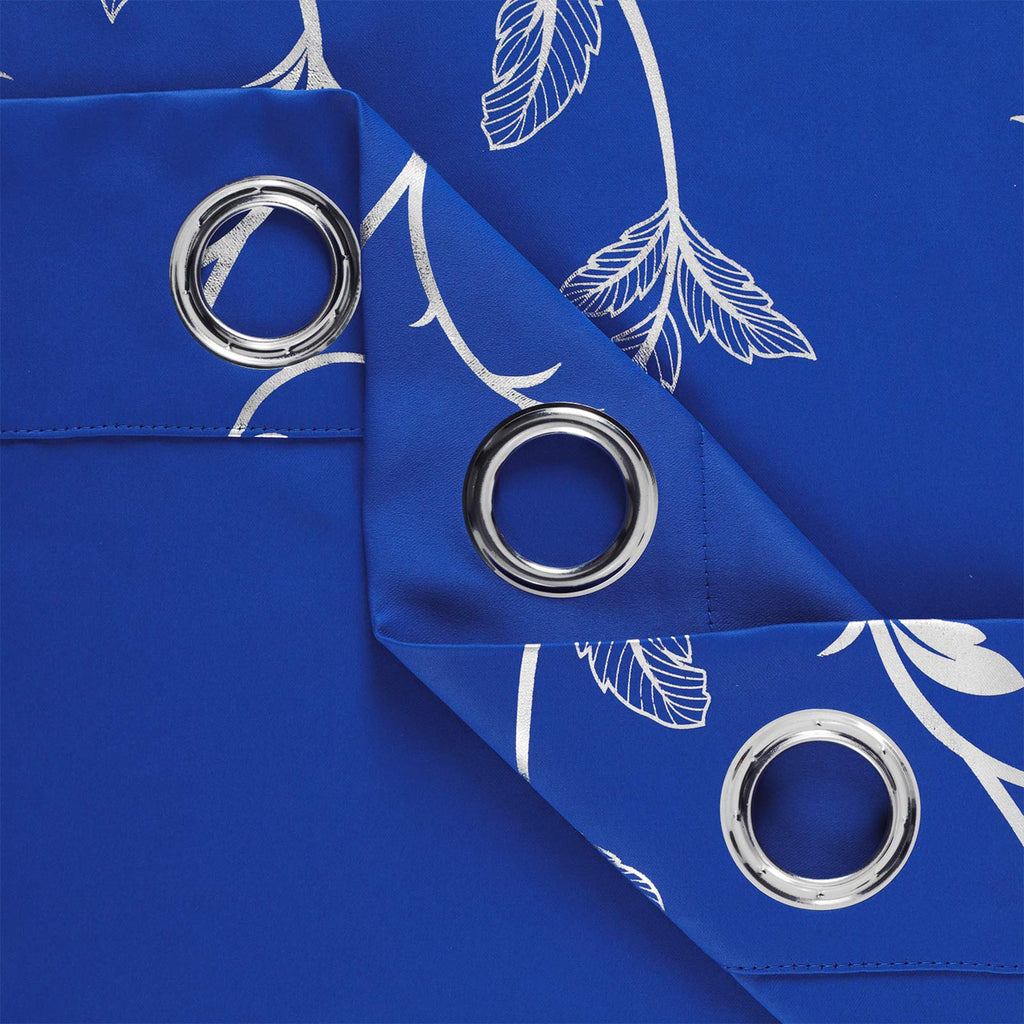 Living Room Blue Blackout Window Curtains Silver Beautiful Flower Print Room Darkening Curtains 38W×84L Royal Blue