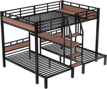 Queen Over Twin Over Twin Bunk Bed with Shelf and Stairs, Heavy Duty Triple Bunk Beds with Safety Guardrails