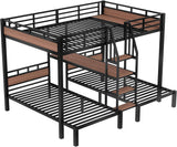 Queen Over Twin Over Twin Bunk Bed with Shelf and Stairs, Heavy Duty Triple Bunk Beds with Safety Guardrails