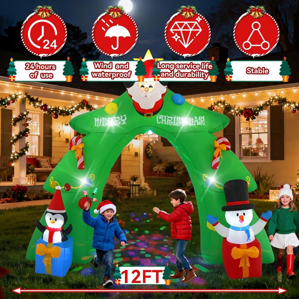 12 FT Santa's Candy Tree Arch Outdoor Inflatable with Rotating LED Colorful Lights for Christmas Holiday Party