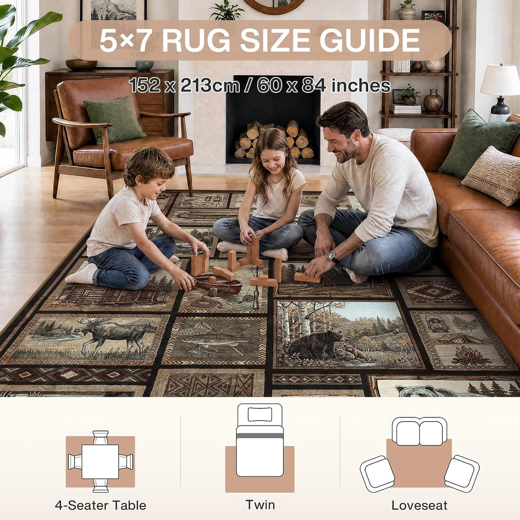 Washable Rustic Cabin 5x7 Area Rugs, Low Pile Soft Western Bear Rug, Non Slip Farmhouse Indoor Dining Room