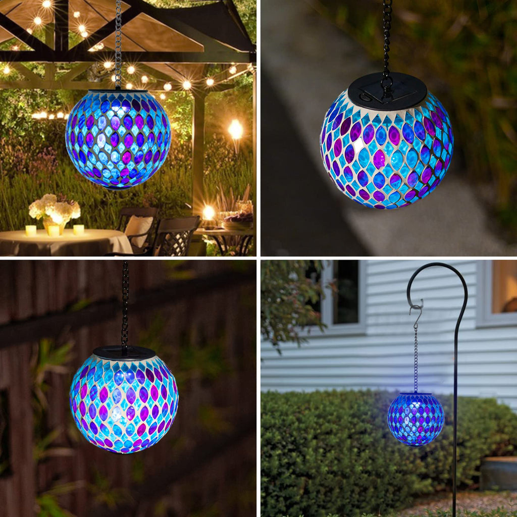 Hanging Solar Lanterns Mosaic Crackle Glass Solar Light, Multicolor