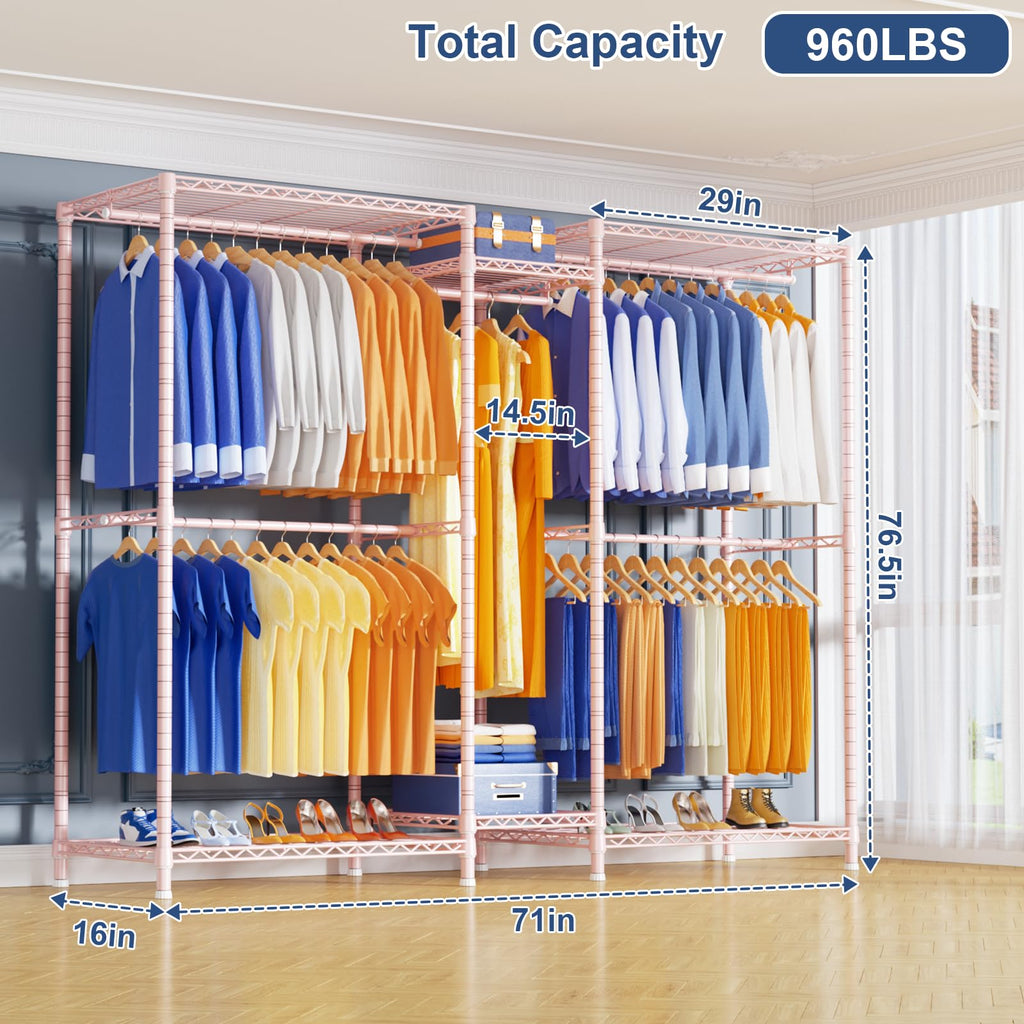 E12 Pro Clothes Rack, Heavy Duty Freestanding Garment Rack with Shelves, Metal Clothing Closet Storage System for