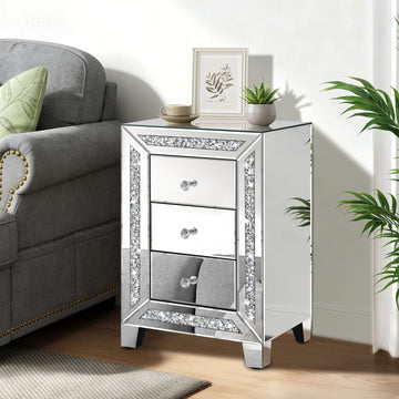 Crushed Diamond Mirrored Nightstand, Silver End Table with 3 Drawers Crystal Handle, Mirrored Bedside Table Living