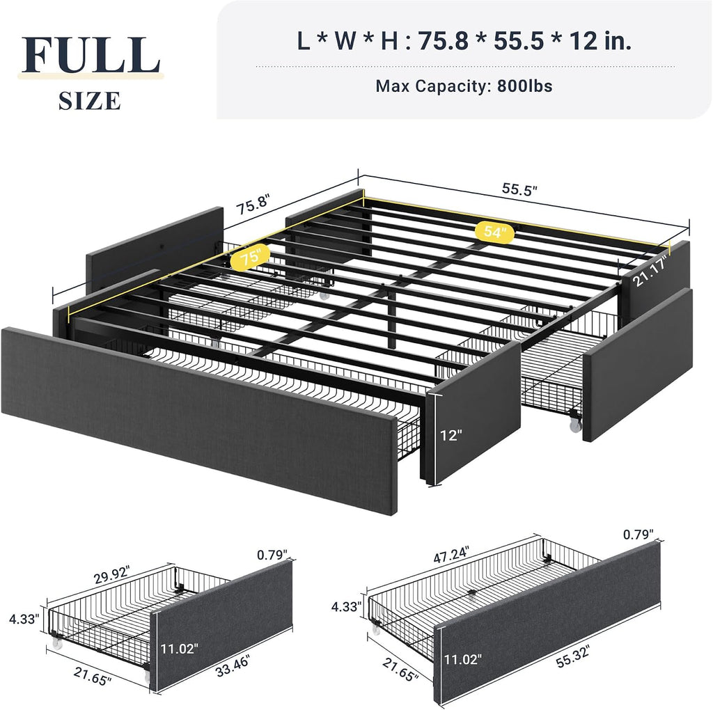 Queen Platform Bed Frame with 3 Storage Drawers, Fabric Upholstered, Wooden Slats Support, No Box Spring Needed