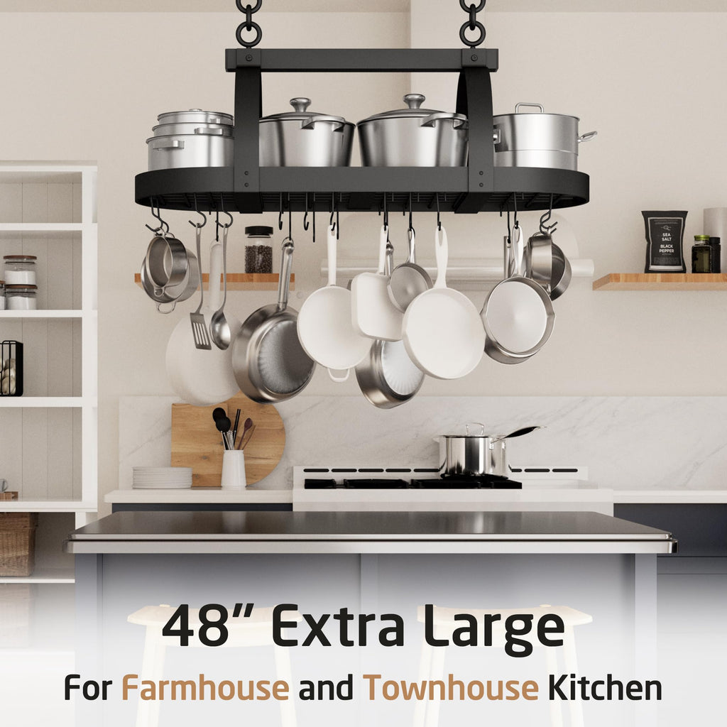 48 Inch Large Hanging Pot Rack, Heavy Duty Oval Pot and Pan Hanging Rack Ceiling Mount, Pot Pan Hangers with 20