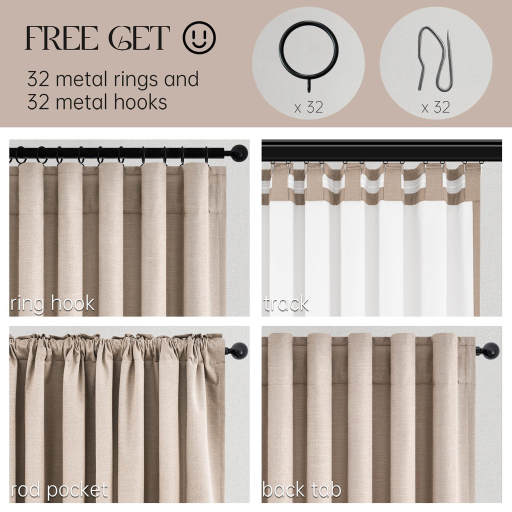90 inch long linen Blackout curtains 2 Panels 100% Black out Linen texture Curtain Window Drapes with Back Tab Rod