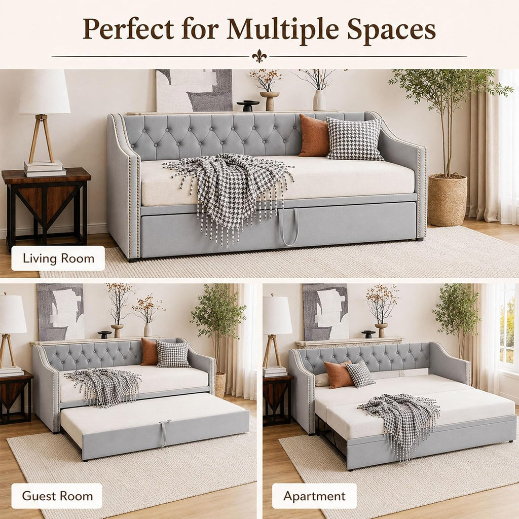 Twin Daybed with Pop Up Trundle, Twin to King Convertible Daybed Frame, Upholstered Daybed with Trundle, Pull Out
