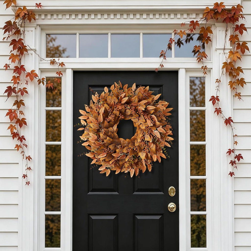 26" Fake Fall Eucalyptus Wreath with Berry for Front Door Decor(Orange)