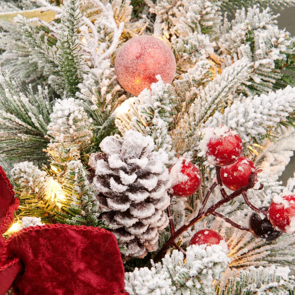 9FT Pre-lit Flocked Snow Christmas Garland, Berries and Bows and 50 Lights, Plug , Holiday Decoration Fireplace