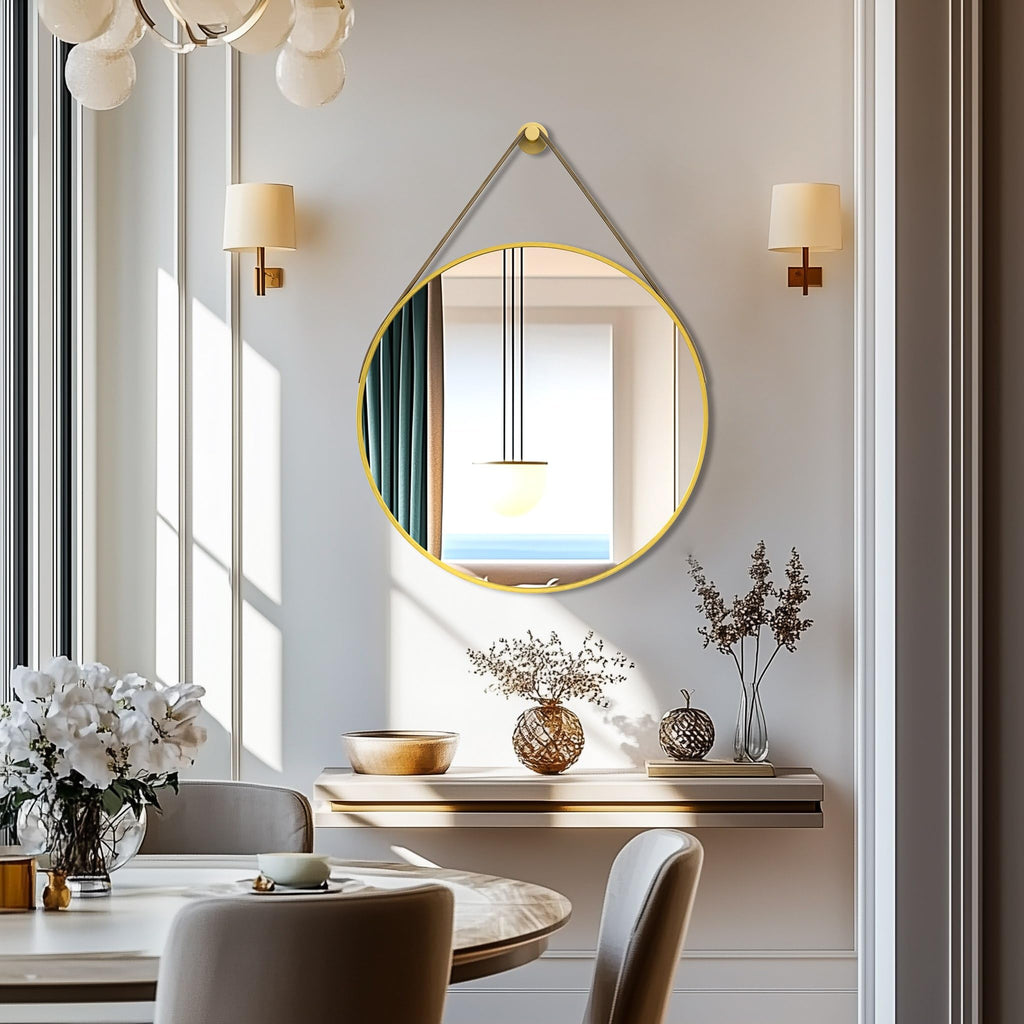 Hanging Strap Wall Mirror: 27.5in Round Bathroom Mirror Gold Frame