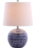 21" Navy Ceramic Hand-Painted Scallop Sphere Table Lamp, Coastal Transitional Bedside Lamp with Whit