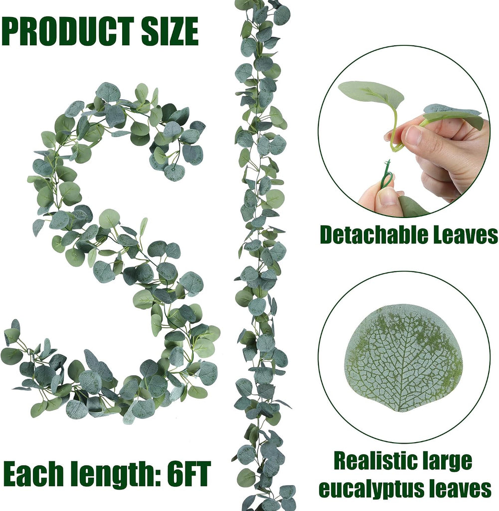 Artificial Eucalyptus Garland Greenery Leaves Handmade 3D Silk Vines Silver Dollar Leaves Faux Leaf Plants - Set of 6