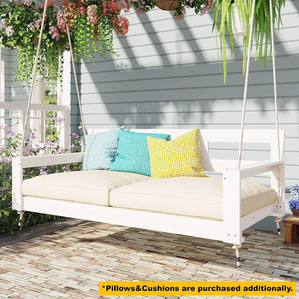 Twin Size Wooden Porch Swing Bed with 4 Heavy Duty Ropes, Outdoor Hanging Daybed Swing Bench Backyard Garden, Acacia