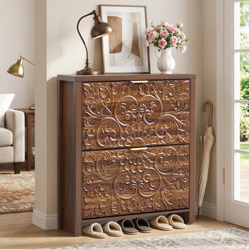 Shoe Cabinet with Flip Drawers, Narrow Shoe Storage Cabinet, 2-Tier Hidden Shoe Organizer with Floral Embossed