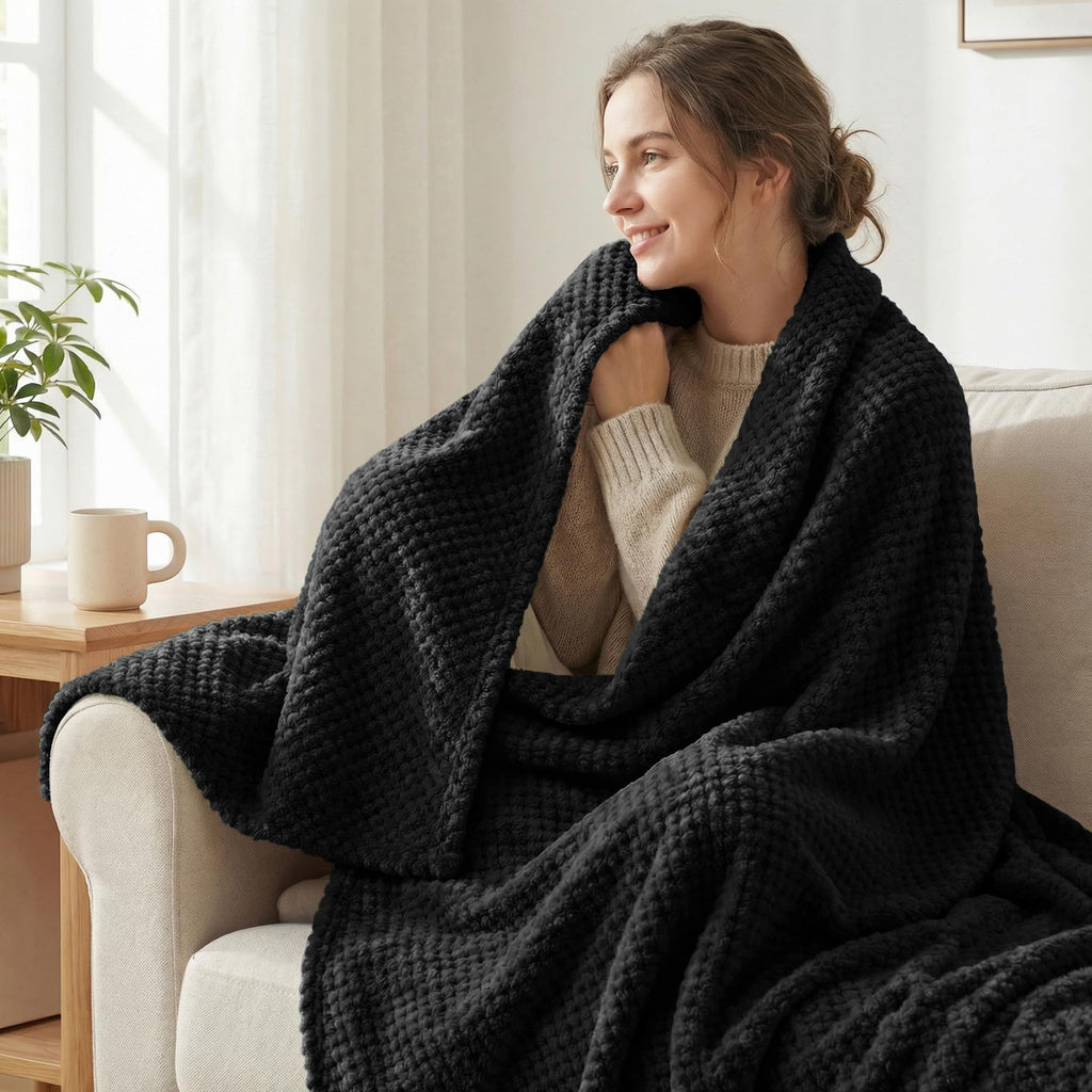 Soft Waffle Fleece Bed Blanket Twin XL Size, Black