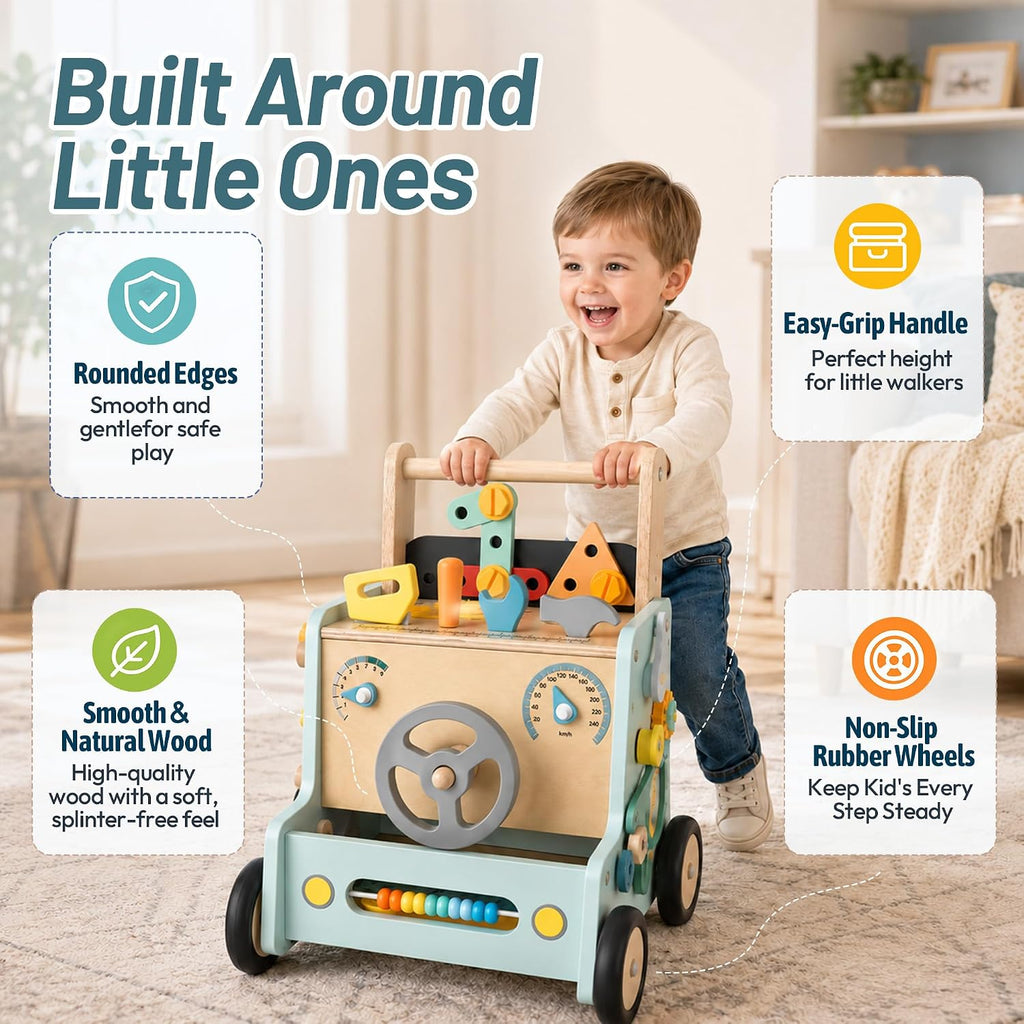 Wooden Baby Push Walker with Tools Bench Toys for Toddler Boy Girl Gifts