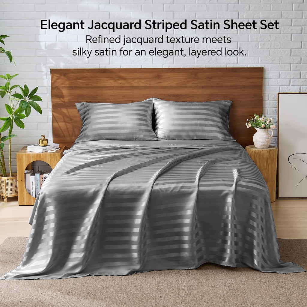 Satin Sheets Queen, Luxury Jacquard Striped Dark Grey Bedsheets with Elastic Corner Straps, Similar to Silk Sheets