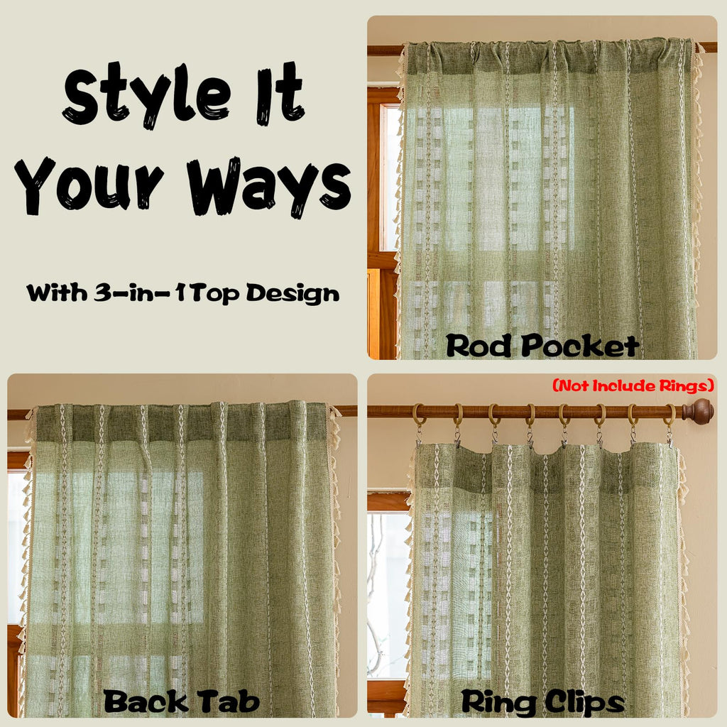 Boho Sheer Sage Green Curtains 84 inches Long 2 Panels Bedroom, Farmhouse, Bohemian Tassels Country Light Filtering