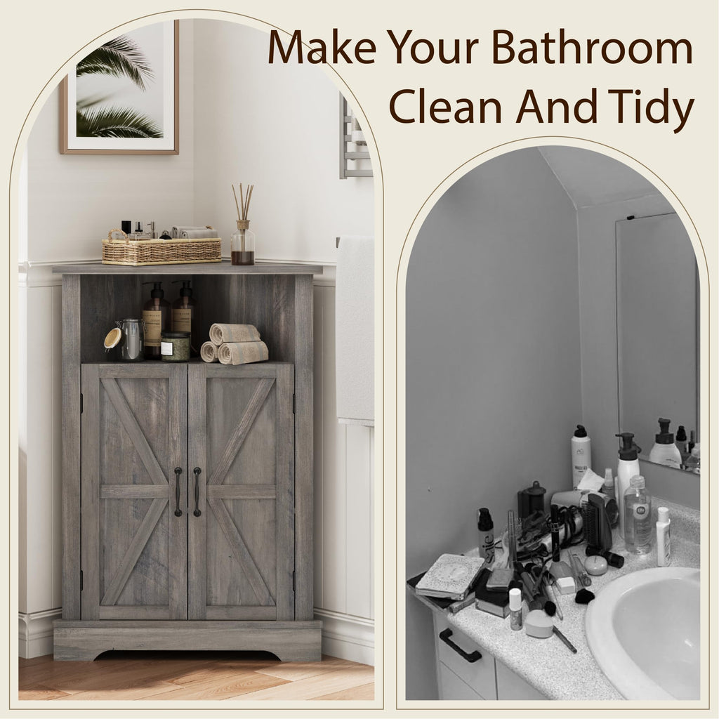 Bathroom Corner Storage Cabinet, Farmhouse Floor Corner Cabinet with Barn Door and Adjustable Shelf, Wash Grey Narrow