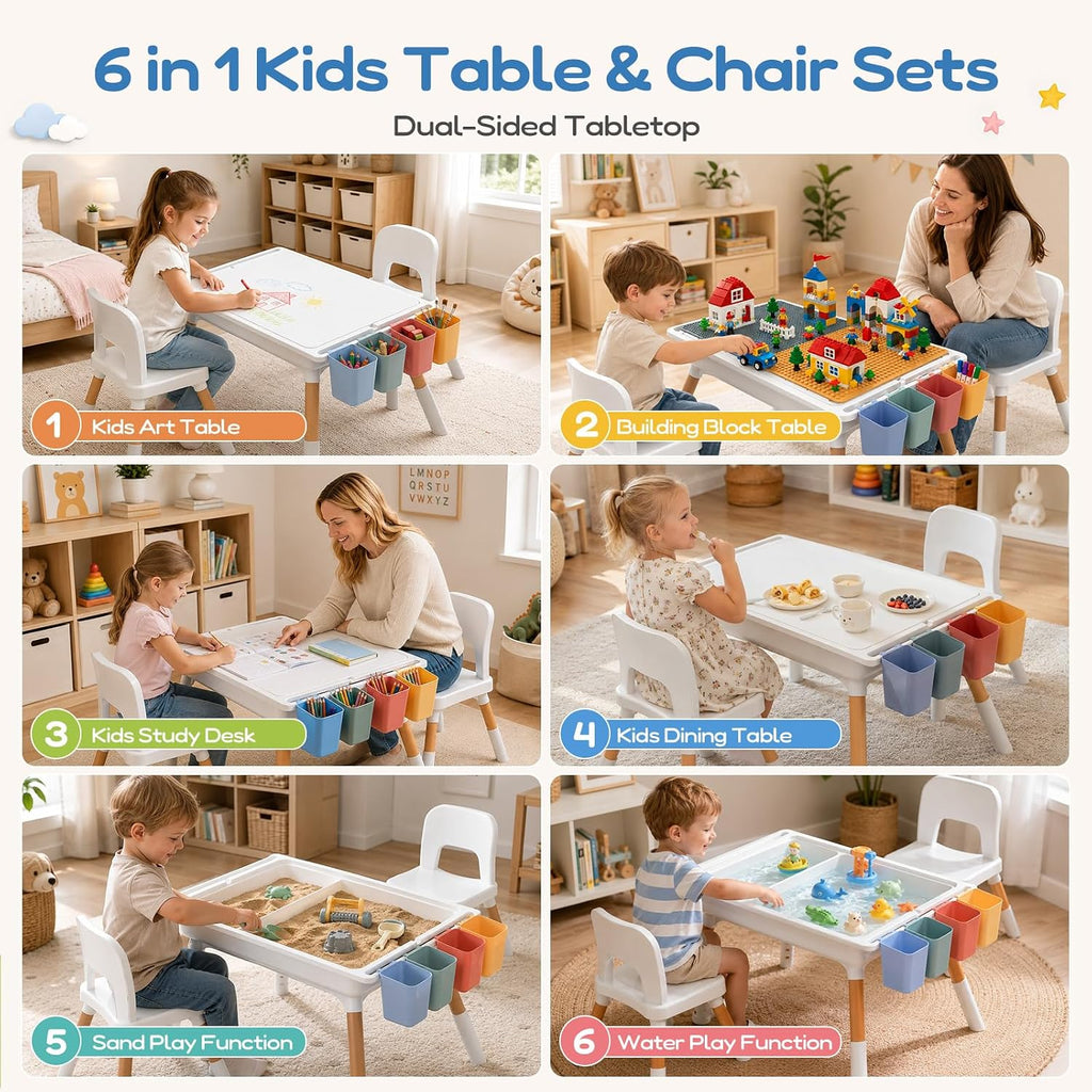 6 in 1 Kids Table and 2 Chairs Set, Dual Size Block Building Desktop