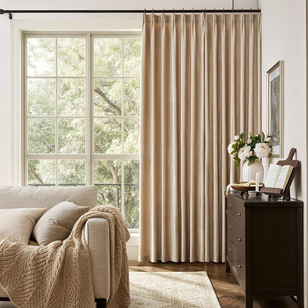 Beige Champagne Velvet Curtains 84 Inch: Pinch Pleated 2 Panels Luxury Living Room Darkening Thermal Insulated Drape