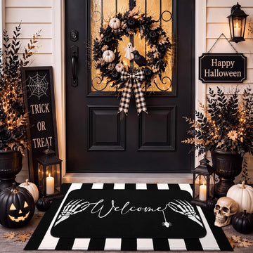 2 Pcs Summer Halloween Door Mats Outdoor Gothic Skull Welcome Front Doormat Linen Rubber Layered Black White Striped