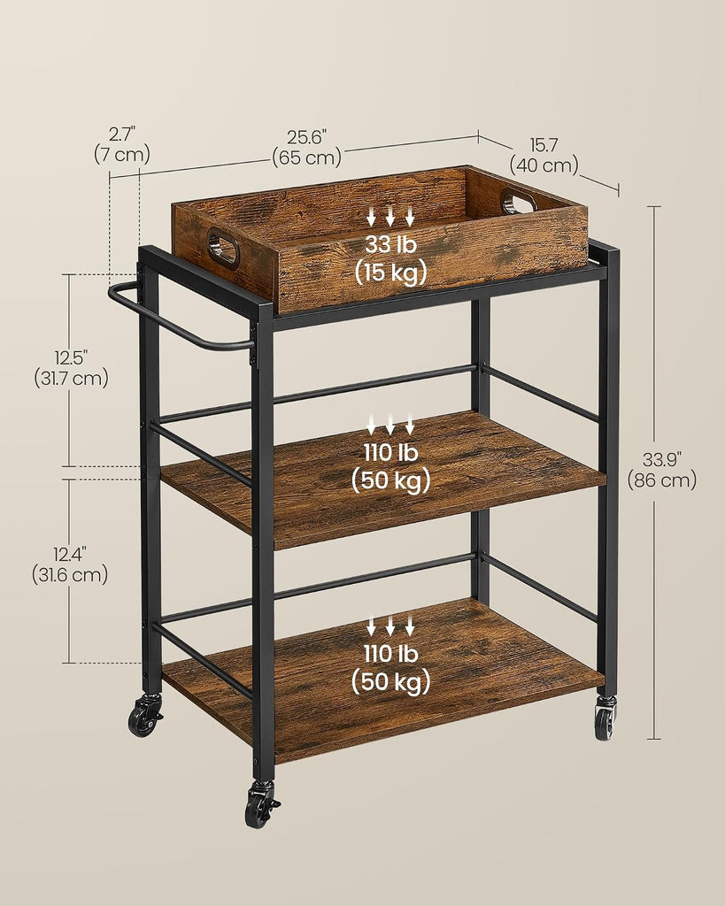 Kitchen Serving Cart with Removable Tray, 3-Tier Kitchen Utility Cart on Wheels with Storage, with Brakes, Leveling
