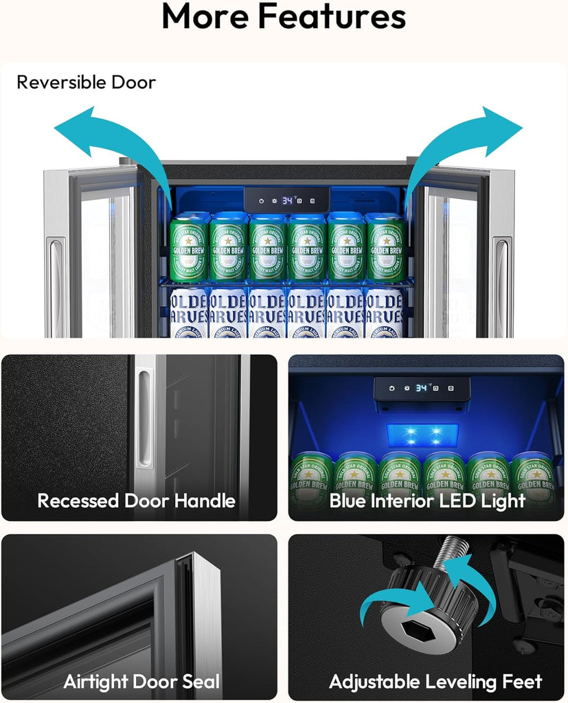 Mini Fridge 130 Can Beverage Refrigerator Cooler Glass Door for Soda Wine Beer, 