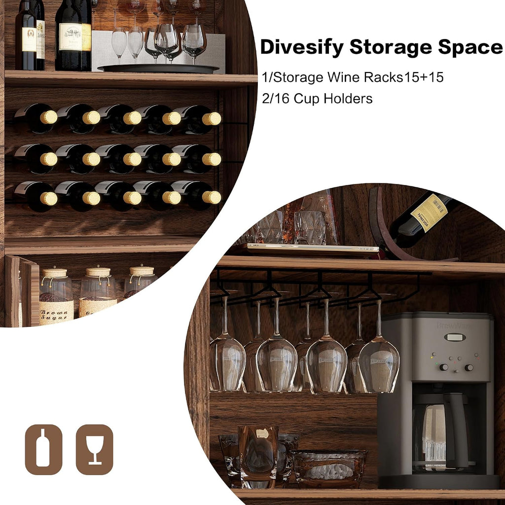 71" Farmhouse Arched Bar Cabinet with Wine Rack, Brown Wine Cabinet | 16 Glass Holder, Farmhouse Style, 15-Bottle