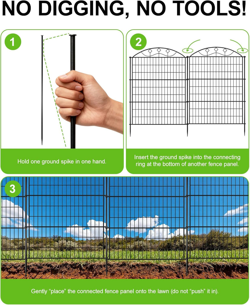48in Extra Tall Garden Fence, 10-Panel Metal Animal Barrier, 24ft Long No Dig Temporary Fencing for Yard, Reusable