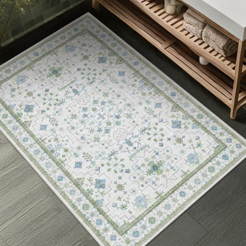 Washable Boho Bathroom Rug 2x3 - Small Throw Area Rugs for Powder Room, Laundry, Kitchen, Blue and Green Oushak