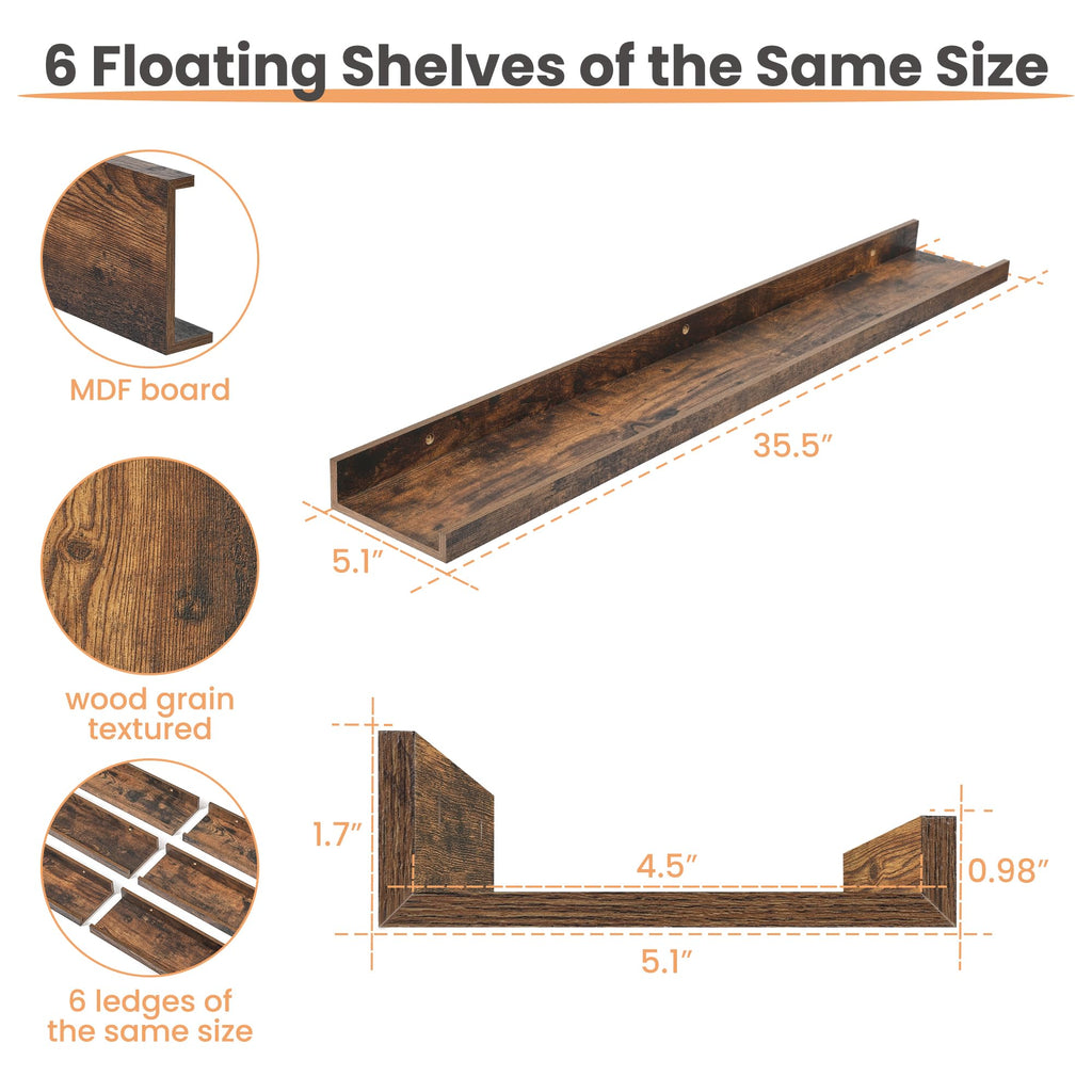 Floating Shelves for Wall Decor and Storage, Brown, 6Pcs 35.5''