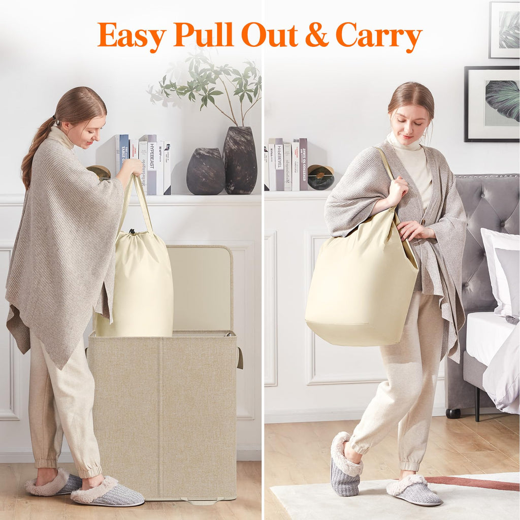 Double Laundry Hamper with Lid, Removable Laundry Bags, Beige