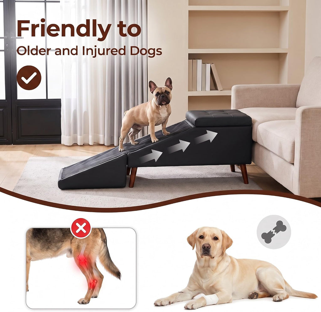2-in-1 Dog Ramp & Ottoman - Foldable Dog Steps for Couch and Bed with Hidden Storage, 20.4" H Non-Slip Wooden Pet