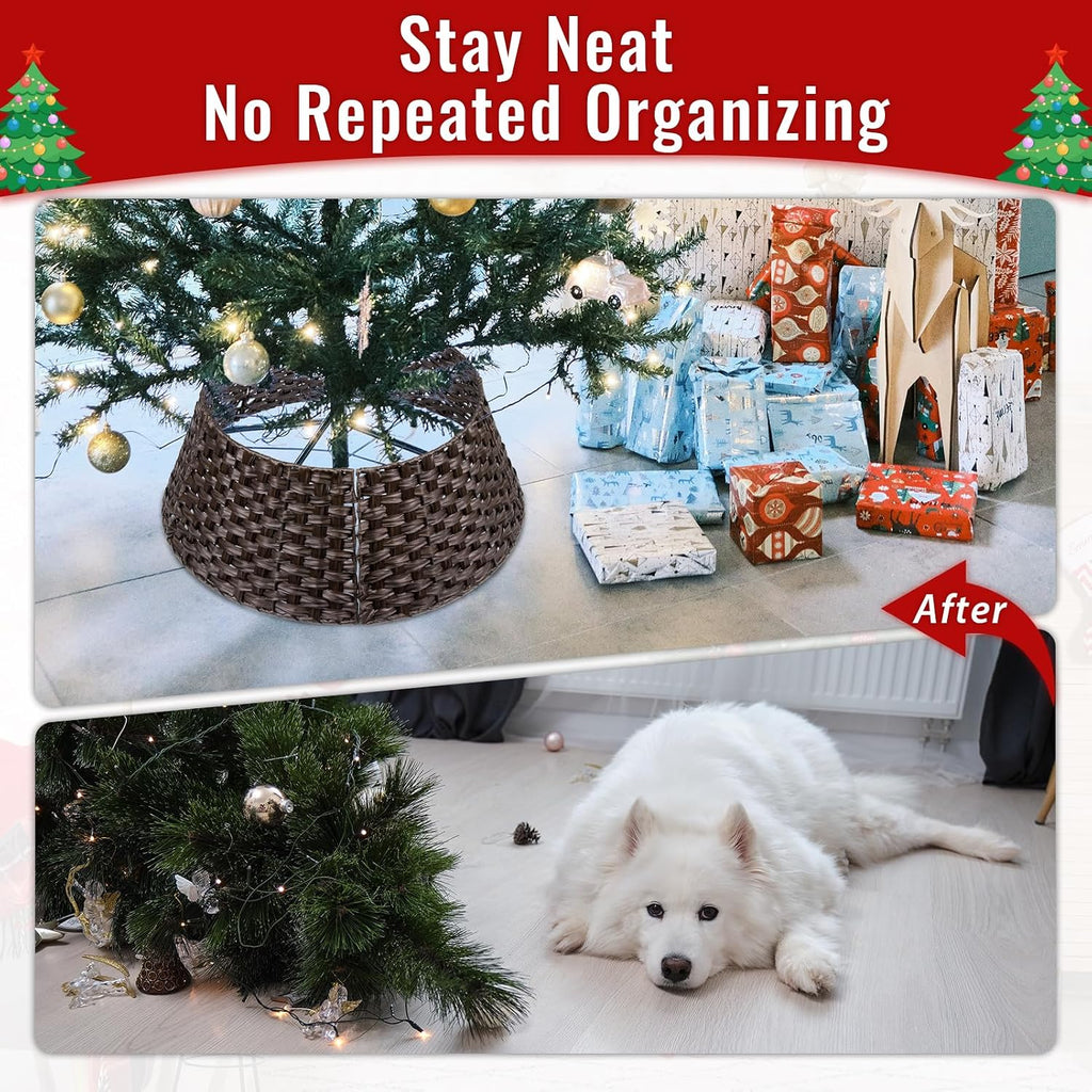 Christmas Tree Collar for 7.5ft Trees, 28" Brown Wicker 4-Piece