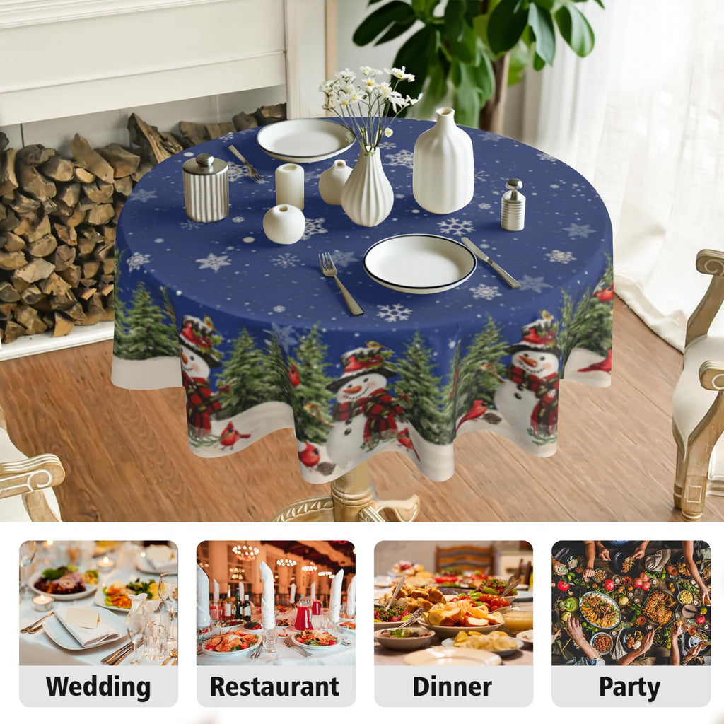 Christmas Round Tablecloth 70 Inch Snowman Winter Table Cover