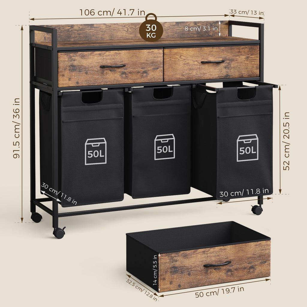 Laundry Sorter 3 Section with 3 Bags 4 Wheels 2 Drawers