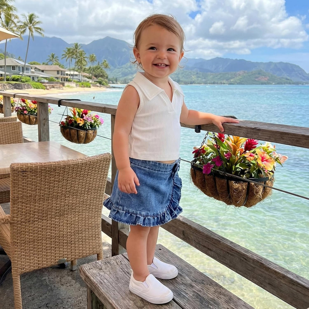 Toddler Baby Girl Denim Outfit Lapel Collar Ribbed Tops Jean Skirt