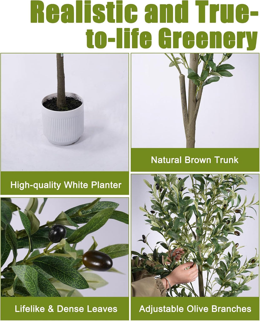 6FT Olive Trees Artificial Indoor, Faux Olive Tree with White Planter, Tall Fake Olive Silk Tree with Lifelike Wood