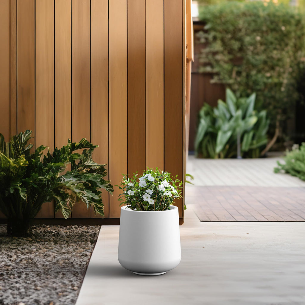 Accent Round Curved White Concrete Planter 13" Dia, Outdoor