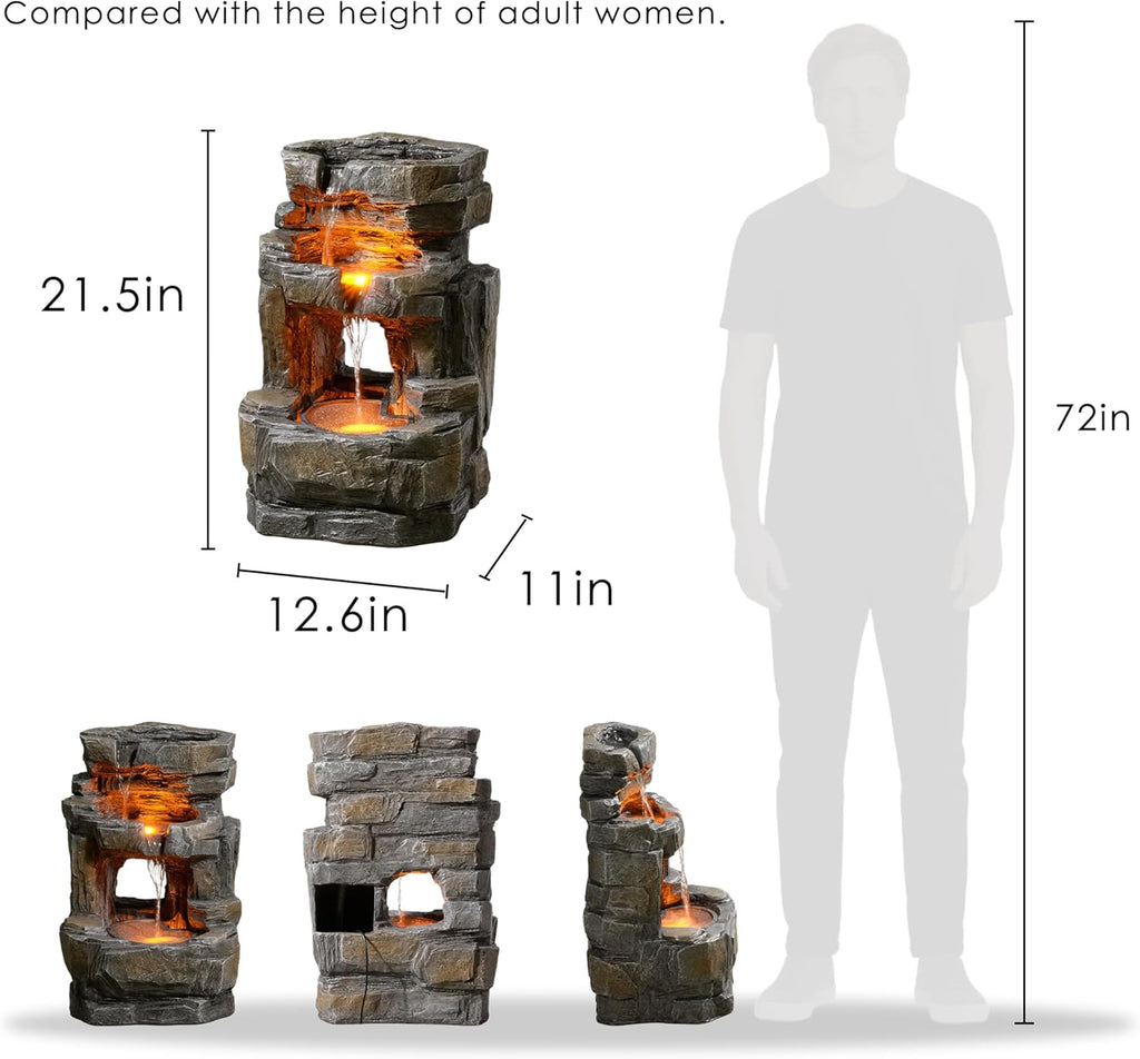 Outdoor Waterfall Fountain with LED Lights - 3-Tier Resin Rock Water Feature Patio Backyard, 21.5" Tall Fountain