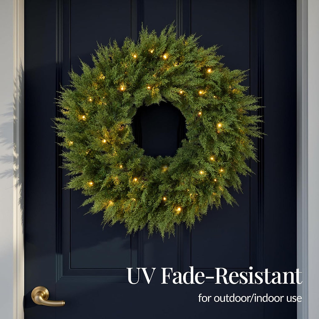 Pre-Lit Cedar Cypress Christmas Wreath w/Twinkling LEDs, 48in Realistic Large Indoor/Outdoor Holiday Decor for Door