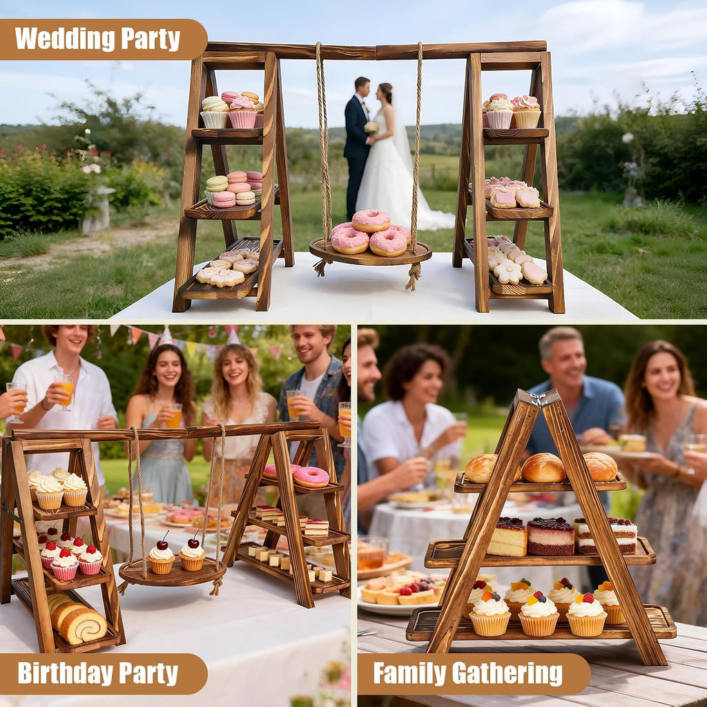 3 Tier Cupcake Stand with Swing, Wooden Cupcake Stand, Swing Cupcake Stand with Removable Serving Platter and