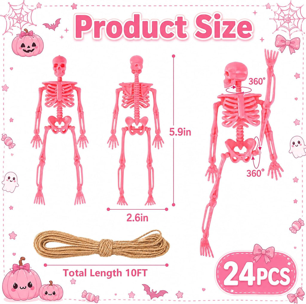 Pink Halloween Mini Skeleton, 6" Posable Skeleton Hanging Decor - Set of 24