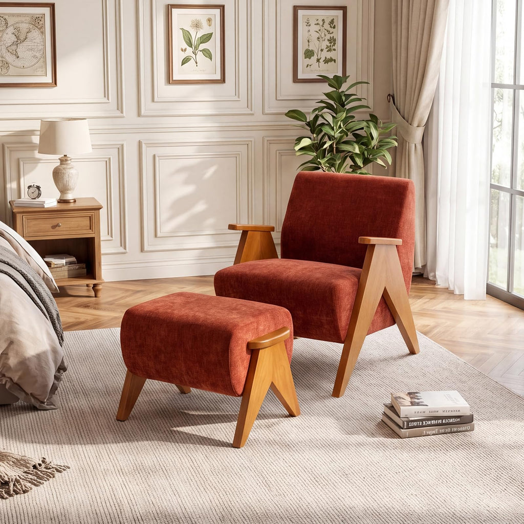 Linen Padded footstools Mid Century Modern Ottoman with Wood Frame, Lounge Upholstered Ottoman, Reading Chair, Sturdy