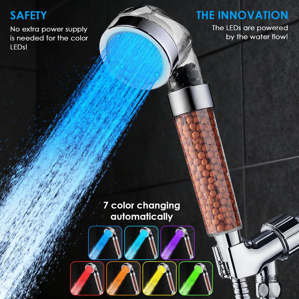 LED Handheld Shower Head Set with Filtration, Automatic 7-color Changing Shower Head Kit, High Pressure Handheld