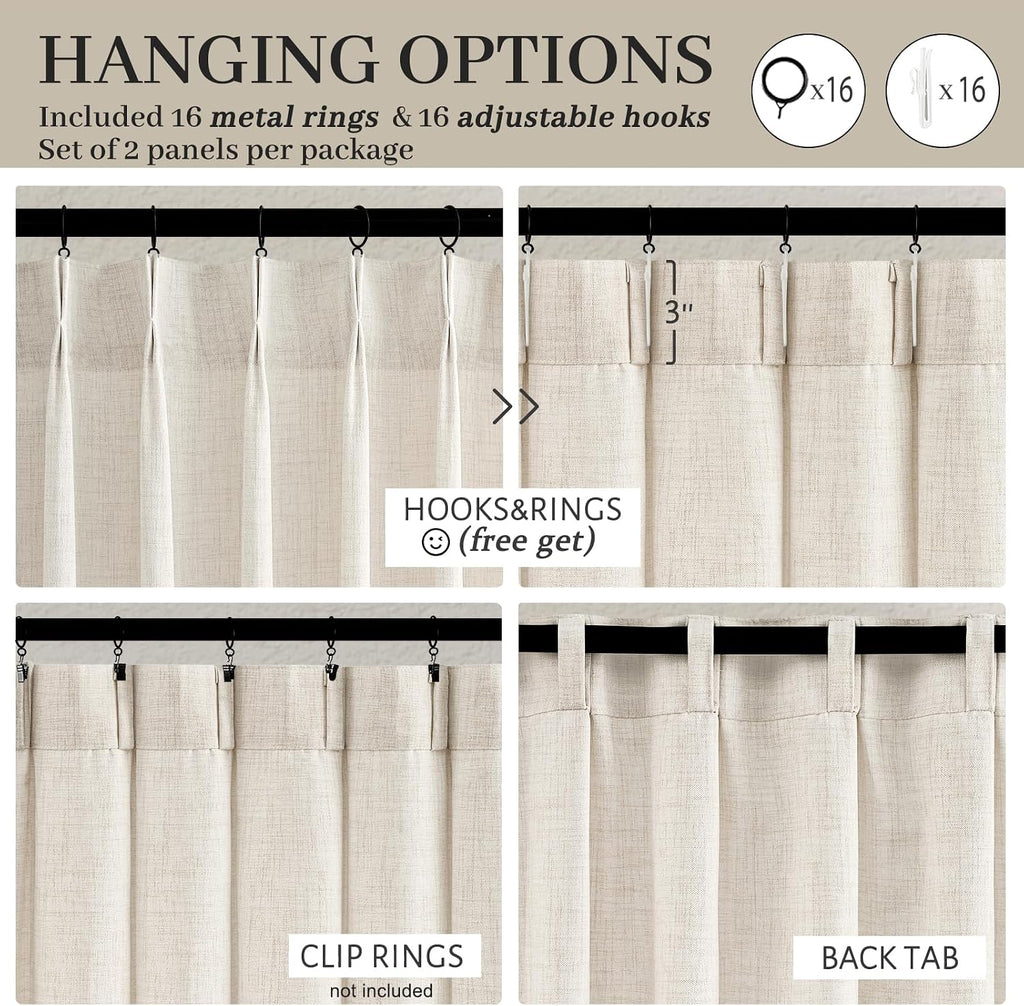 Pinch Pleated Linen Curtains 96 Inches Long for Living Room Bedroom, Light Filtering Boho Window Drape 96 inch 2
